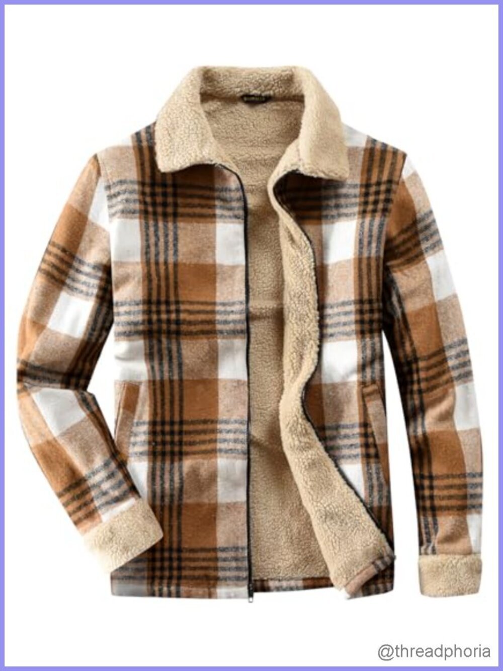 Sherpa Lined Fleece Jacket Full Zip Turn-Down Collar Flannel Plaid Coat